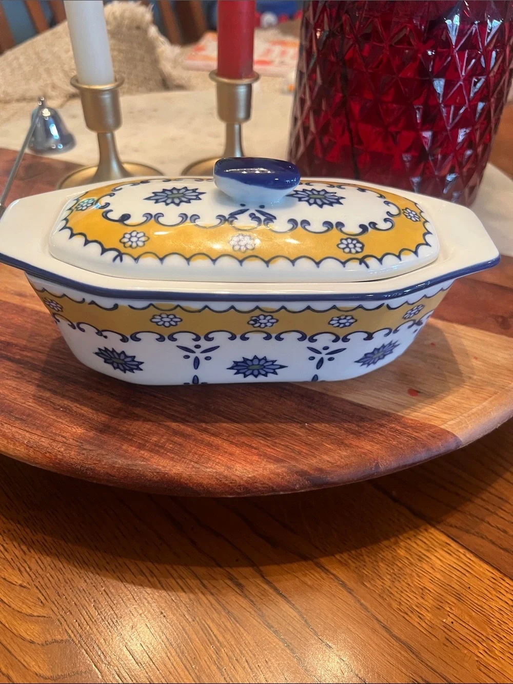 Vintage Cook Street Ceramic Covered Butter Dish 3 Pieces Yellow Blue Floral VG